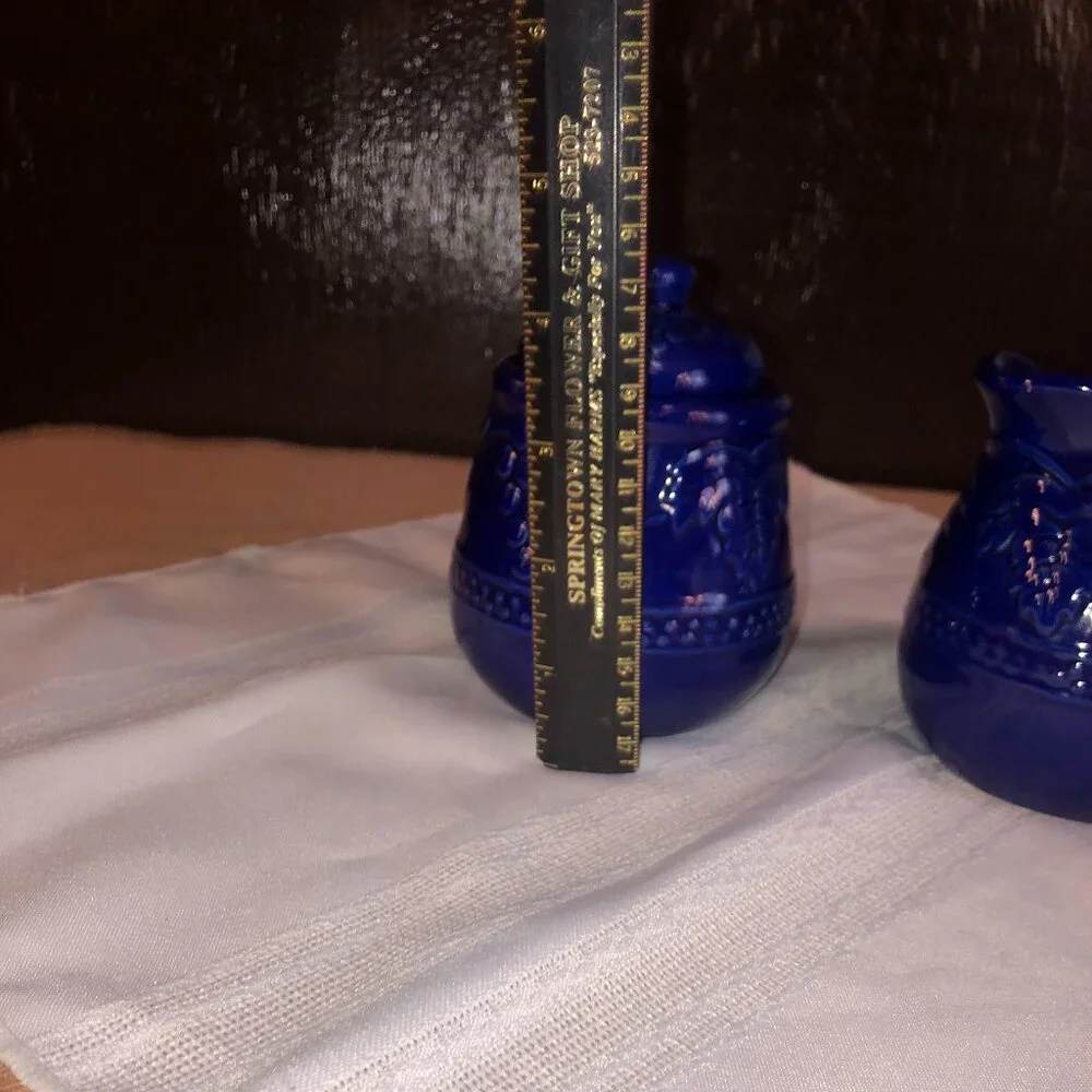 Cobalt Blue Ceramic Creamer Pitcher & Sugar Set featuring embossed fruit design - Picture 6 of 9